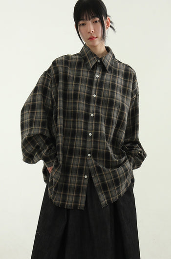 正韓 秋冬 翻領  格紋  長袖 襯衫