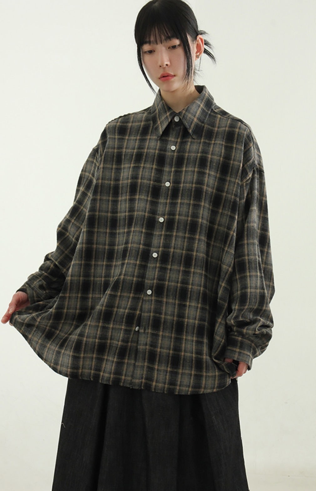 正韓 秋冬 翻領  格紋  長袖 襯衫