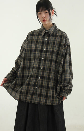 正韓 秋冬 翻領  格紋  長袖 襯衫