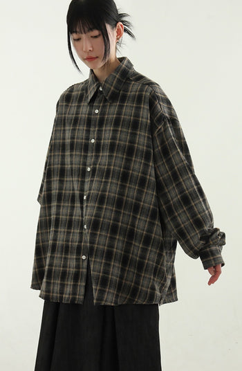 正韓 秋冬 翻領  格紋  長袖 襯衫