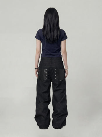 【GUBAN】P-D128 雙腰頭拼接鈕扣寬鬆牛仔褲