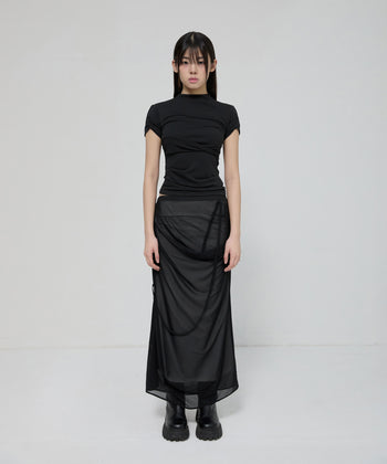 FLARE UP - Draped Mesh Layered Long Skirt 垂褶網紗層疊長裙 P-F210 (黑色)