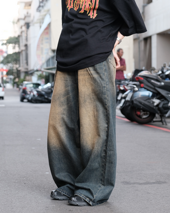 韓版 復古 淤泥 多色 水洗 做就 闊腿 直筒 牛仔褲