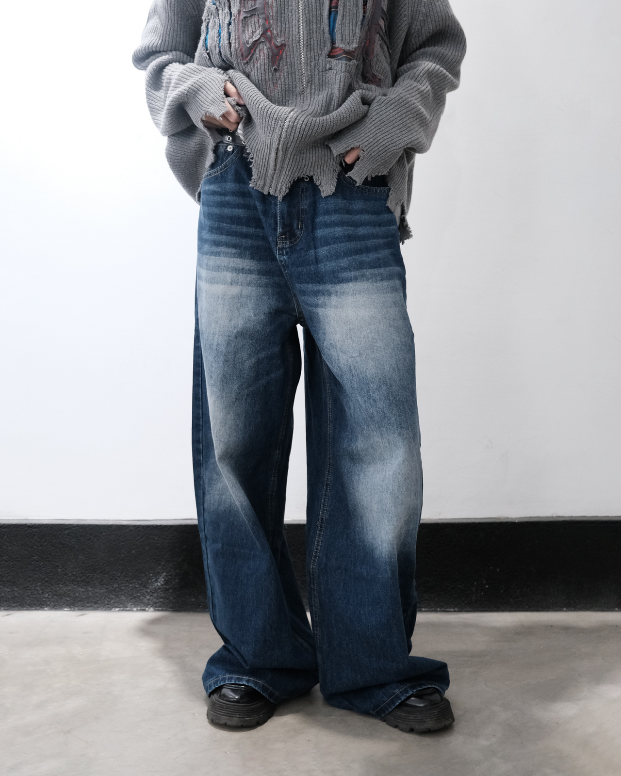 韓版 復古 淤泥 多色 水洗 做就 闊腿 直筒 牛仔褲