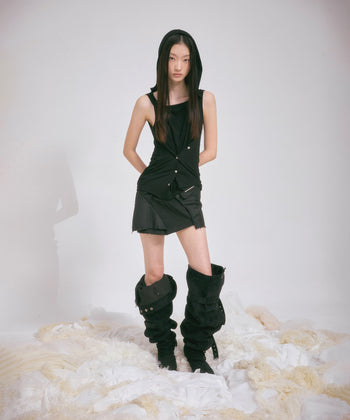 FLARE UP - Asymmetric Snap Hoodie 不對稱按扣連帽衫 T-F1096 (黑色)