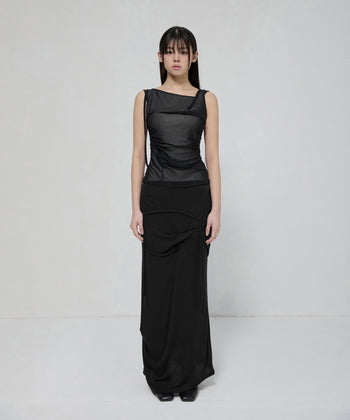 FLARE UP - Draped Mesh Layered Sleeveless  垂褶網紗層疊無袖上衣 T-F1095 (黑色)