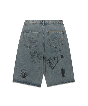 NICEGHOSTCLUB -BIG WIDE BERMUDA DOODLE DENIM PANTS 塗鴉短褲 [藍色] P-N156