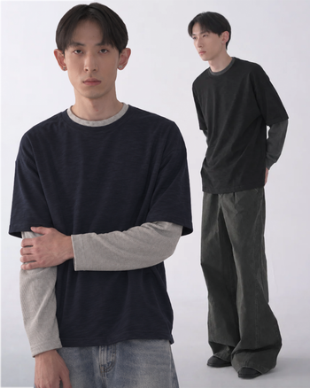 韓系假兩件冬季寬鬆百搭長袖T-W1154