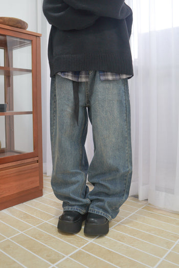 腰帶 水洗 做舊 牛仔褲