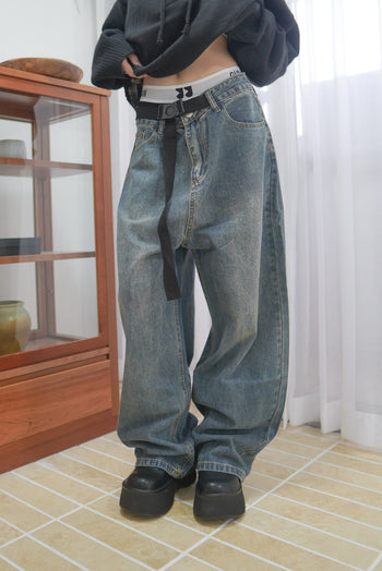 腰帶 水洗 做舊 牛仔褲