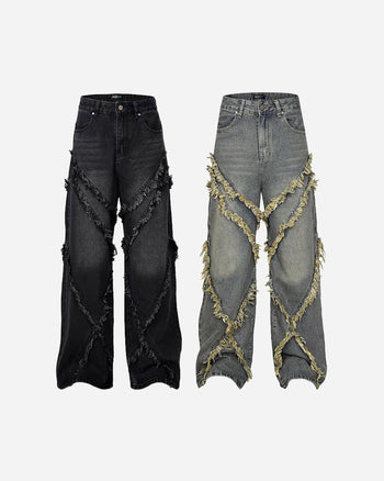 美式復古毛邊流蘇拼接闊腿牛仔褲