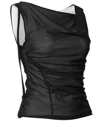 FLARE UP - Draped Mesh Layered Sleeveless  垂褶網紗層疊無袖上衣 T-F1095 (黑色)