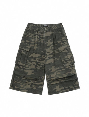 美式復古迷彩寬鬆工裝闊腿七分褲