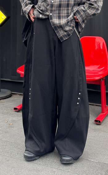 復古解構鉚釘拼接彎刀工裝闊腿褲