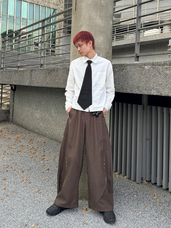 復古解構鉚釘拼接彎刀工裝闊腿褲