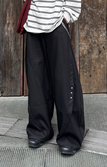 復古解構鉚釘拼接彎刀工裝闊腿褲