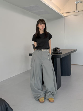 彎刀 通勤  闊腿 帶配飾 休閒 西裝褲