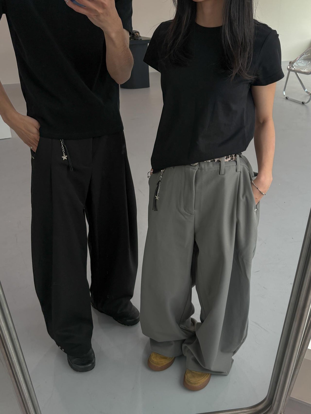 彎刀 通勤  闊腿 帶配飾 休閒 西裝褲