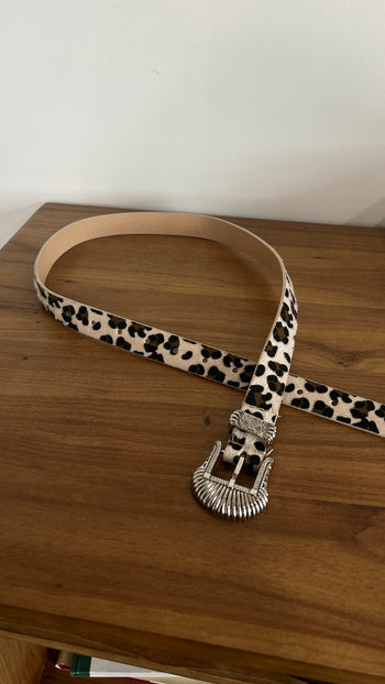 豹紋 牛仔 質感 金屬雕花 仿馬毛 腰帶 皮帶