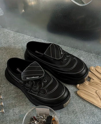 Shoot Brand Random 復古縫線皮革梅花懶人厚底勃肯鞋