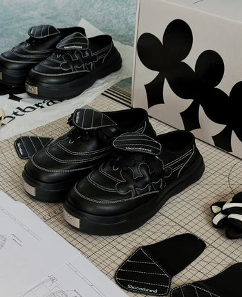 Shoot Brand Random 復古縫線皮革梅花懶人厚底勃肯鞋