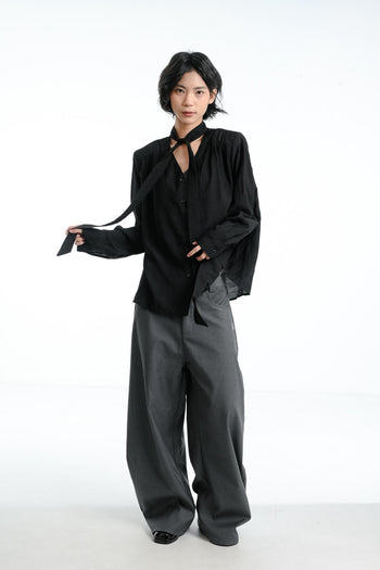 【GUBAN】簡約 通勤 飄帶 墊肩 薄紗 高級 長袖襯衫