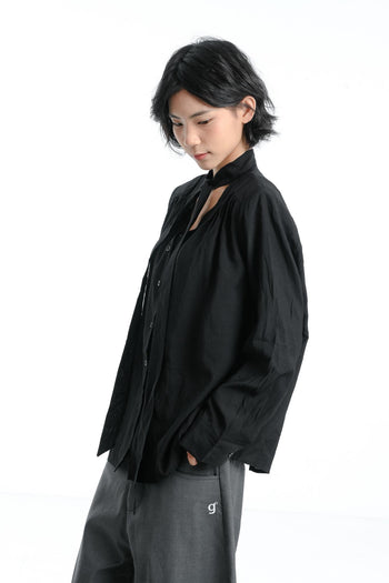 【GUBAN】簡約 通勤 飄帶 墊肩 薄紗 高級 長袖襯衫