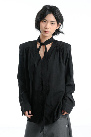 【GUBAN】簡約 通勤 飄帶 墊肩 薄紗 高級 長袖襯衫