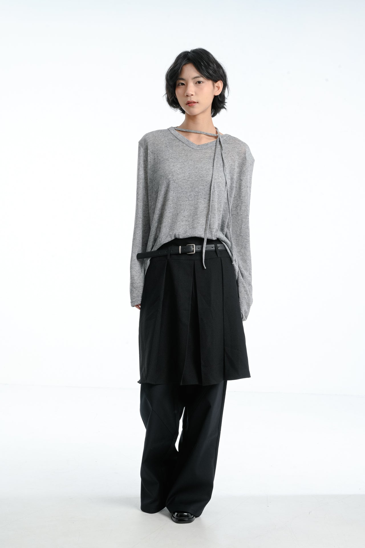 【GUBAN】春夏 飄帶 V領 薄紗 顯瘦 墊肩 上衣