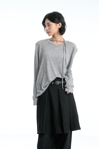 【GUBAN】春夏 飄帶 V領 薄紗 顯瘦 墊肩 上衣