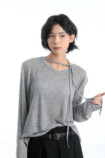 【GUBAN】春夏 飄帶 V領 薄紗 顯瘦 墊肩 上衣