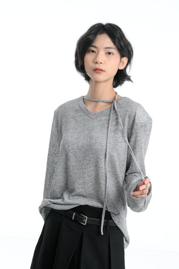 【GUBAN】春夏 飄帶 V領 薄紗 顯瘦 墊肩 上衣