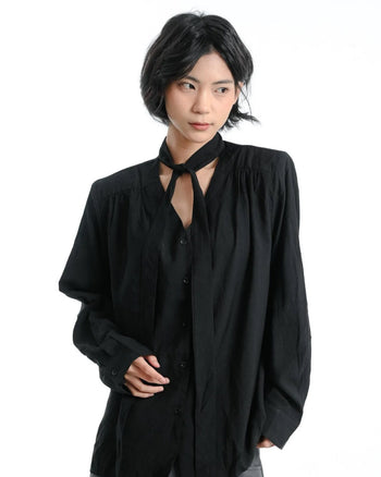 【GUBAN】簡約 通勤 飄帶 墊肩 薄紗 高級 長袖襯衫