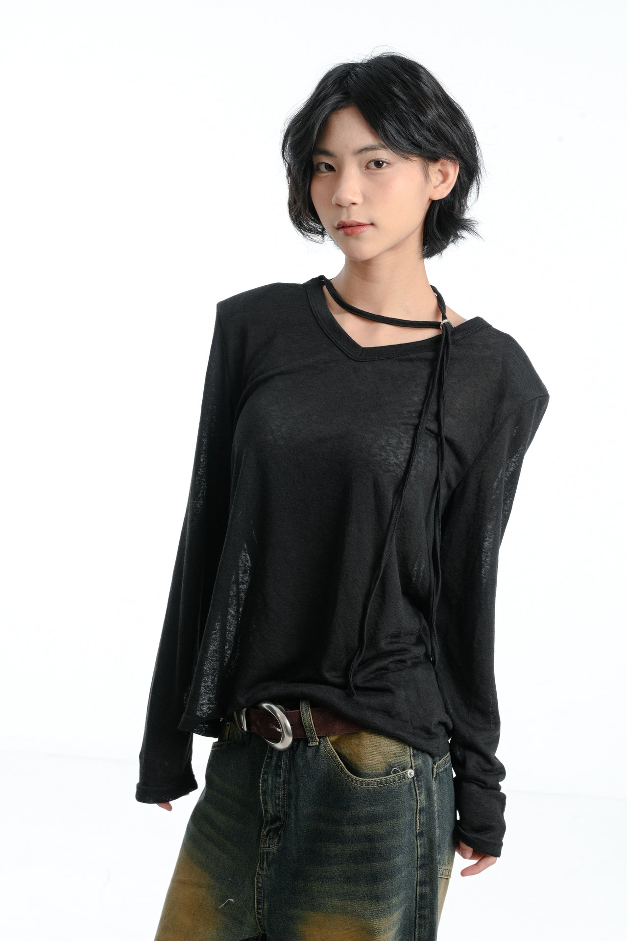 【GUBAN】春夏 飄帶 V領 薄紗 顯瘦 墊肩 上衣