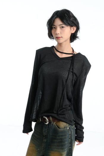 【GUBAN】春夏 飄帶 V領 薄紗 顯瘦 墊肩 上衣