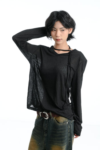 【GUBAN】春夏 飄帶 V領 薄紗 顯瘦 墊肩 上衣