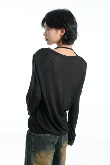 【GUBAN】春夏 飄帶 V領 薄紗 顯瘦 墊肩 上衣