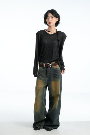 【GUBAN】春夏 飄帶 V領 薄紗 顯瘦 墊肩 上衣