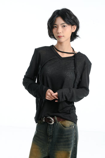 【GUBAN】春夏 飄帶 V領 薄紗 顯瘦 墊肩 上衣