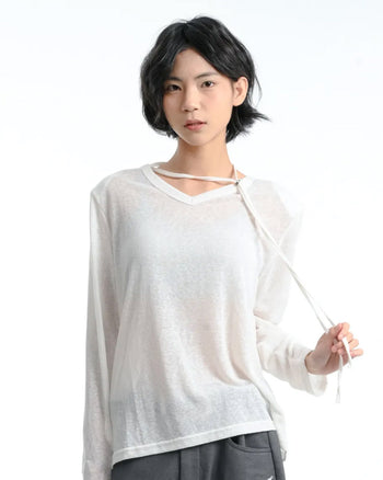 【GUBAN】春夏 飄帶 V領 薄紗 顯瘦 墊肩 上衣