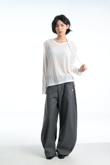 【GUBAN】春夏 飄帶 V領 薄紗 顯瘦 墊肩 上衣