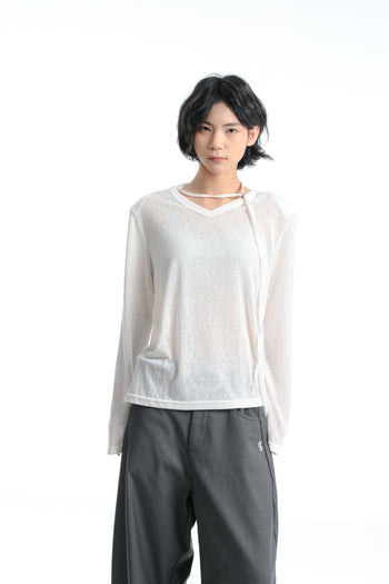 【GUBAN】春夏 飄帶 V領 薄紗 顯瘦 墊肩 上衣