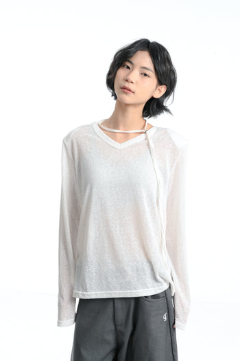 【GUBAN】春夏 飄帶 V領 薄紗 顯瘦 墊肩 上衣