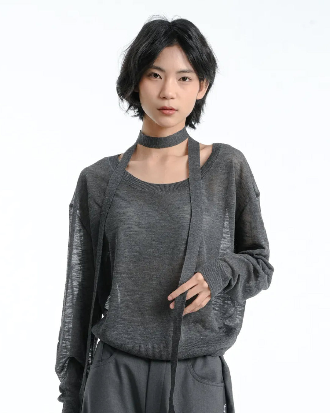 【GUBAN】軟糯 脖帶 飄帶 防曬 針織 薄紗上衣