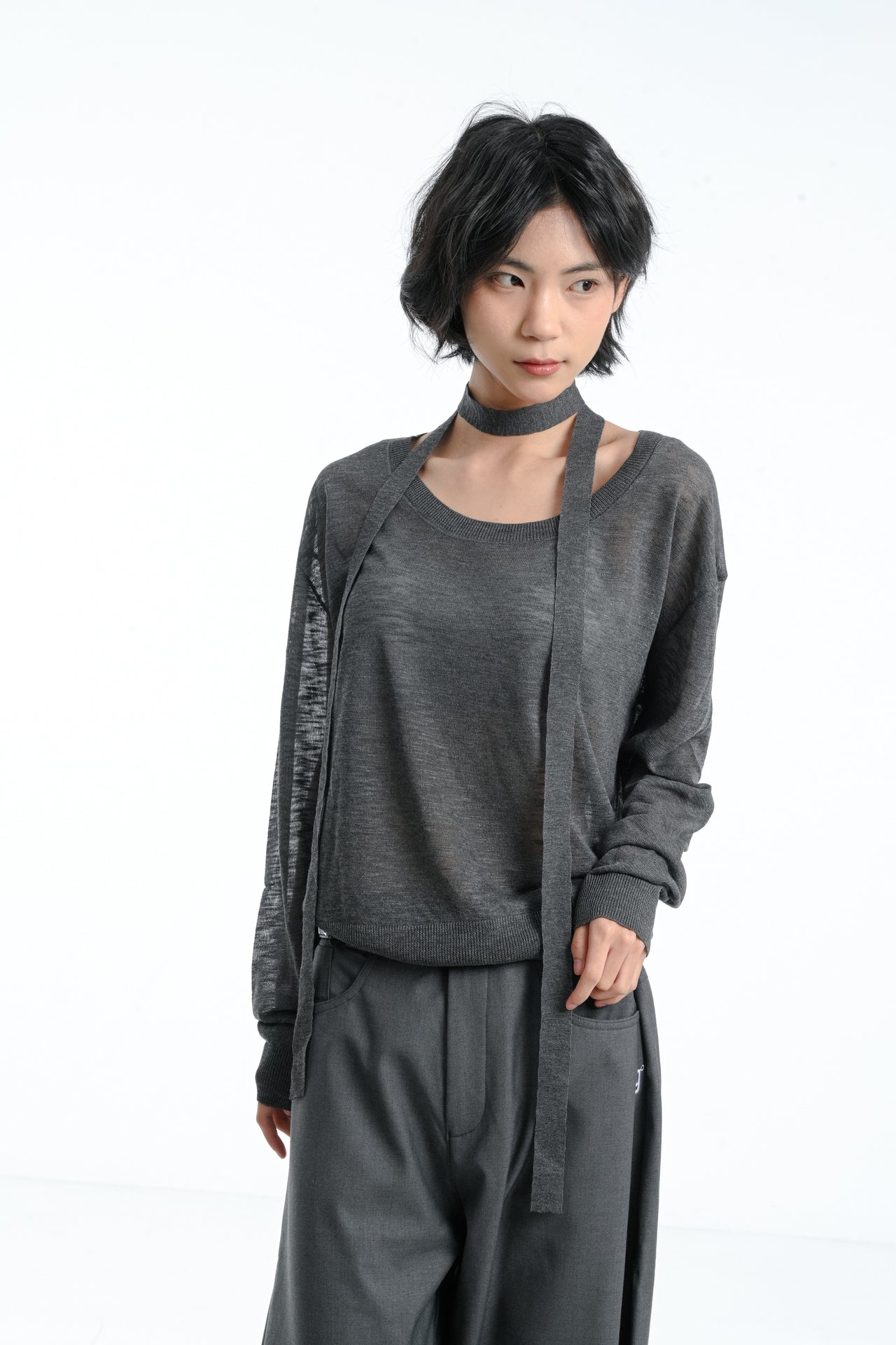 【GUBAN】軟糯 脖帶 飄帶 防曬 針織 薄紗上衣