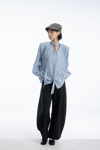 【GUBAN】簡約 通勤 飄帶 墊肩 薄紗 高級 長袖襯衫