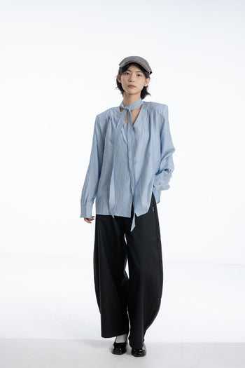 【GUBAN】簡約 通勤 飄帶 墊肩 薄紗 高級 長袖襯衫