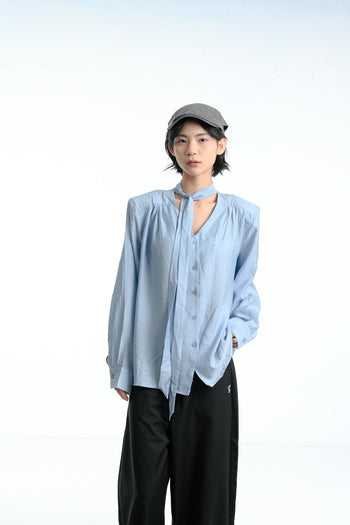 【GUBAN】簡約 通勤 飄帶 墊肩 薄紗 高級 長袖襯衫