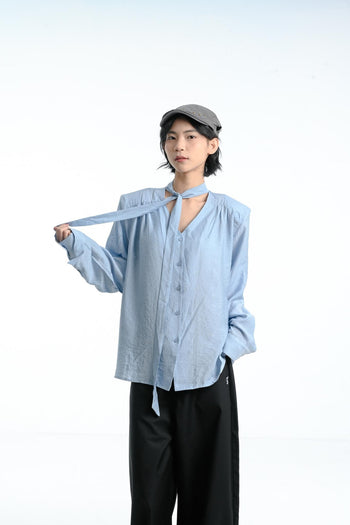 【GUBAN】簡約 通勤 飄帶 墊肩 薄紗 高級 長袖襯衫