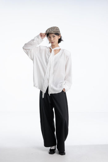 【GUBAN】簡約 通勤 飄帶 墊肩 薄紗 高級 長袖襯衫